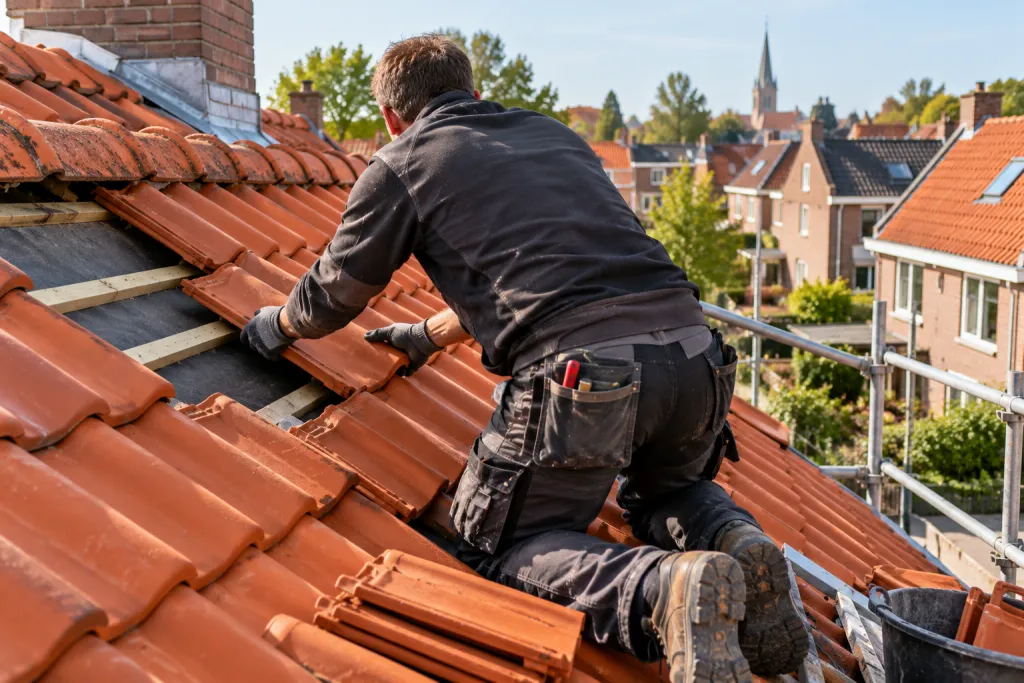 Dakdekker die een nieuwe dakpan legt op een hellend dak