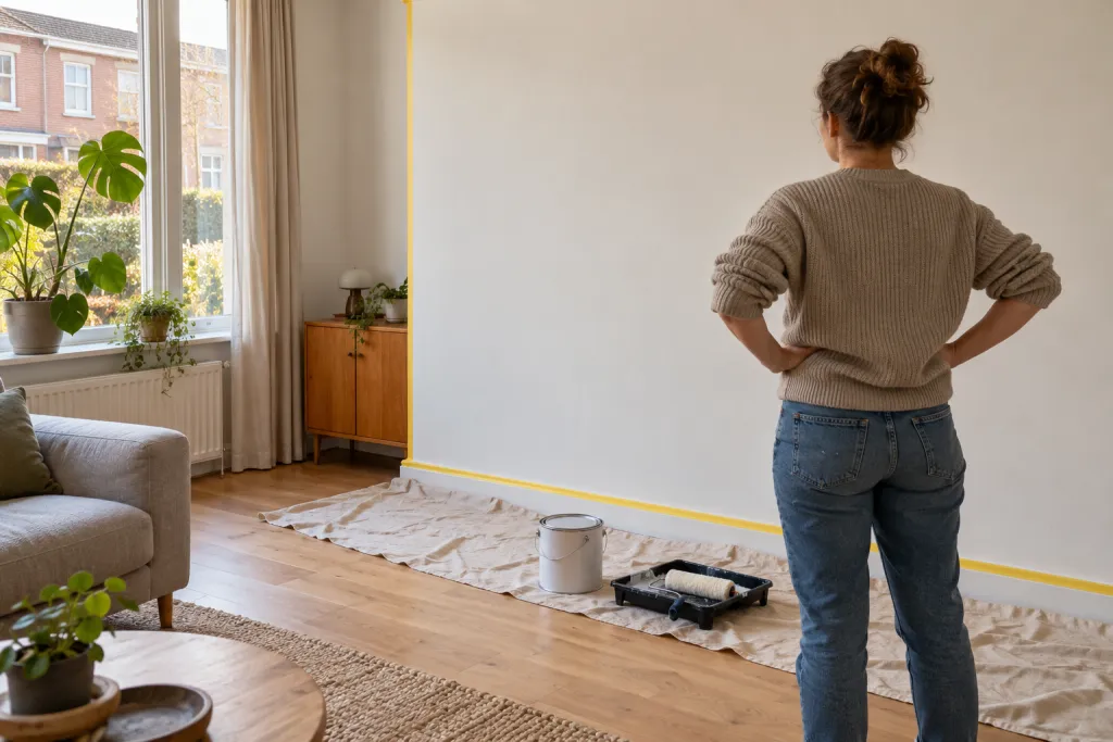 Bewoner bekijkt een wand in de woonkamer die is klaargemaakt voor schilderwerk, met afplaktape en een afdekzeil op de vloer