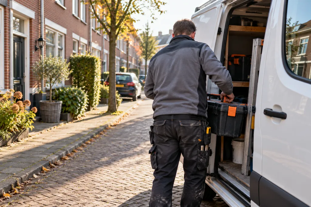 Vakman die een gereedschapskist uit een bedrijfsbus haalt in een Nederlandse straat