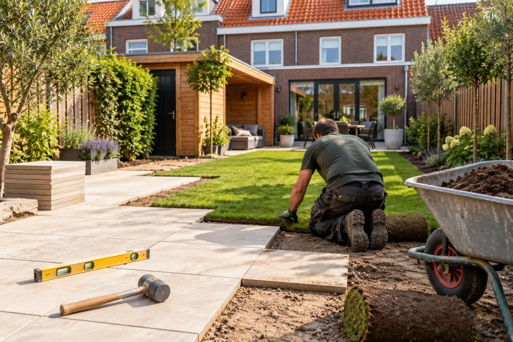Hovenier die graszoden legt in een achtertuin met nieuwe lichte bestrating