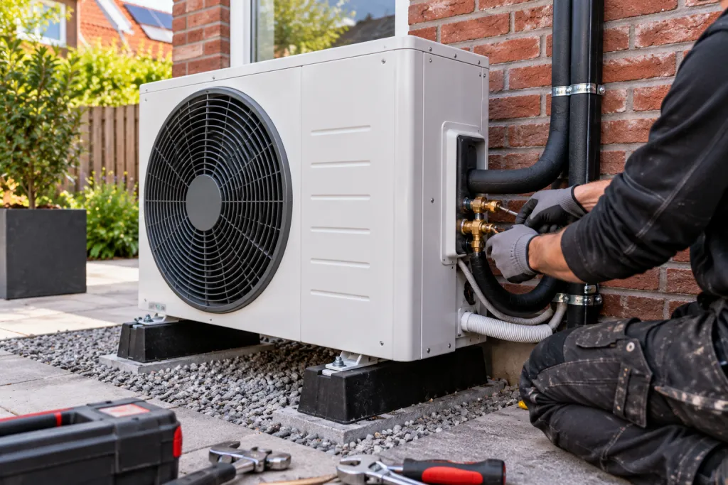 Installateur die de leidingen van een warmtepomp aan een achtergevel aansluit