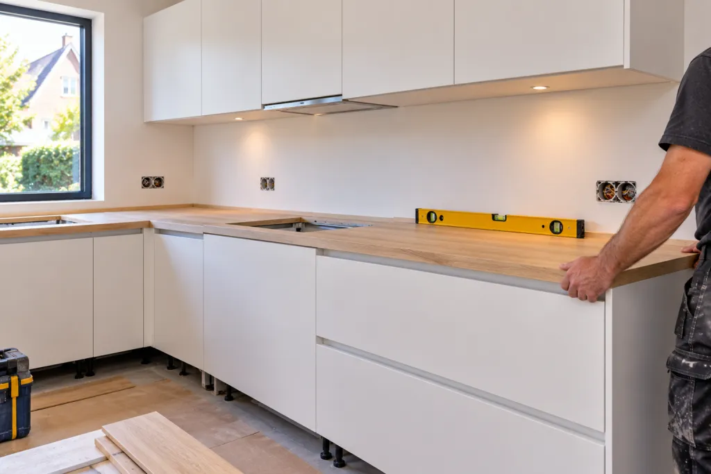 Nieuwe keuken met witte kastjes tijdens de montage van het werkblad