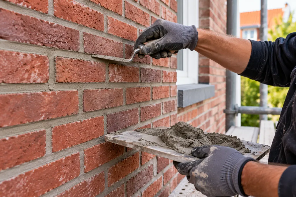 Metselaar die een bakstenen muur opnieuw voegt