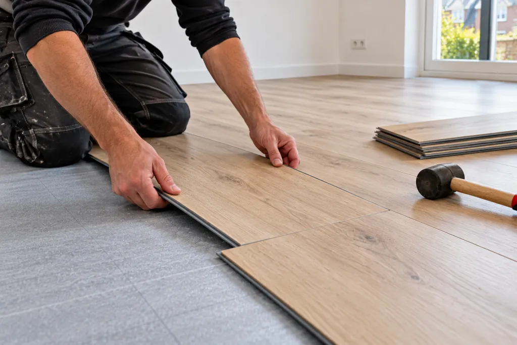 Vloerenlegger die een pvc-plank in eikenlook vastklikt