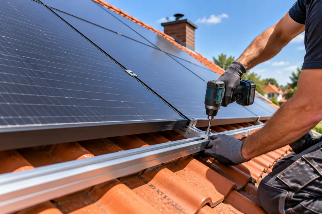 Zwarte zonnepanelen op een hellend dak met oranje dakpannen
